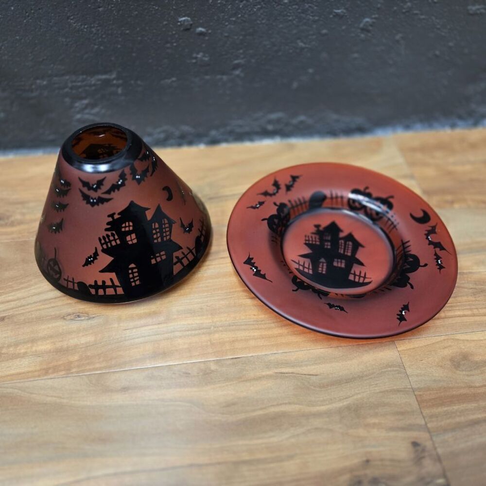 Retired Yankee Candle Holder Spooky 2-Piece Set: Haunted Halloween Plate & Shade